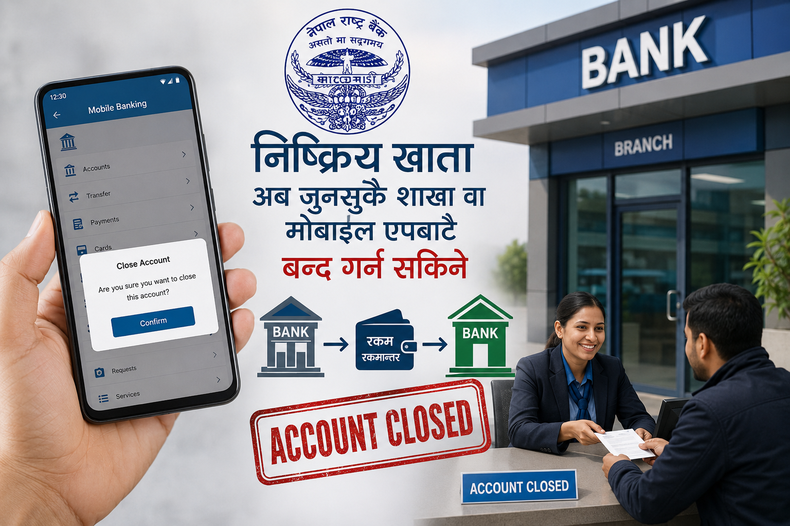 बैंक खाता अब जुनसुकै शाखा वा मोबाइल एपबाटै बन्द गर्न सकिने